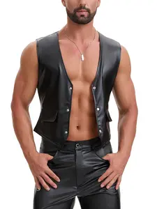 Men's Soft Matte Leather V-Neck Vest, Button Decor, Slim Fit, Sleeveless Fake Pocket Design, Casual Outdoor Clothing