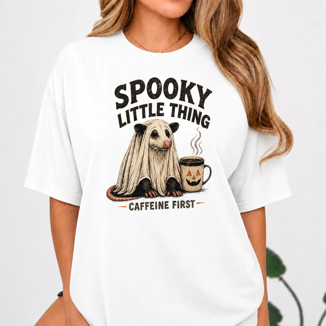 Womens Plus Size Spooky Little Thing Opossum Coffee Graphic T Shirt Halloween Cotton Loose Fit Tee