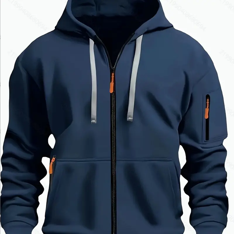 HOMUG Men’s Casual Hooded Jacket, Long‑Sleeve Zip‑Up Hoodie, Round Neck Design with Pockets, Solid & Multi‑Color Options for Fall and Winter Wear