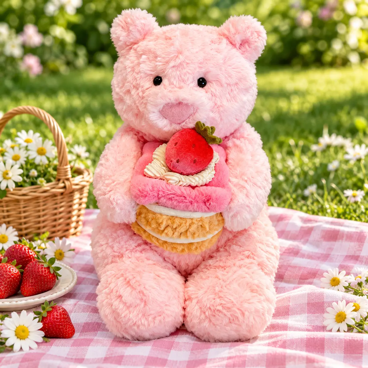Jellycat Pink Teddy Bear Stuffed Animal with Strawberry Cake Detail – Soft Plush Toy, Birthday Gift