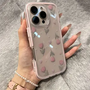 Pink Tulip Colorful Transparent phone cases Minimalist Design Suitable for 16 Pro Max 15 Plus 14 13 12 11