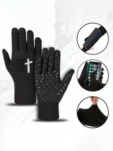 Black Knitted Gloves with Silver Cross Print Design  NonSlip Winter Gloves for Outdoor Activities  Ideal for Religious Events and Spiritual Gatherings  Perfect Christmas and Easter Gift for Faithful Adults Seeking War