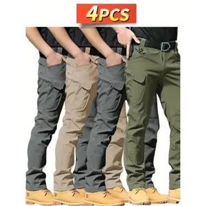 Men's 4pcs Slim-Fitting Tactical Cargo Trousers - Durable Ripstop Work Trouser, Multi-Pockets, All-Season Wear-Resistant, Machine Washable for Hiking, Camping, Daily Use