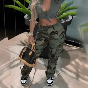 Women's Camo Print Cargo Pants High Waist Wide Leg Baggy Streetwear Casual Camouflage Military Trousers with Pockets for Casual Outings