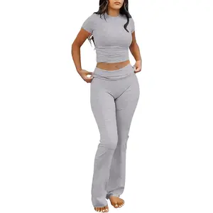 ANRABESS Women's 2 Piece Lounge Sets Fold-over Flare Pants Set Shorts Sleeve Y2K Cropped Top Casual Matching Outfits Pajamas Loungewear