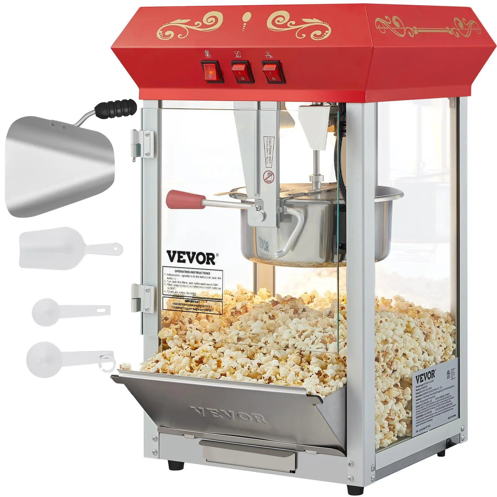 【Summerfinds】VEVOR Commercial Popcorn Machine,  8 Oz Kettle, 850 W Countertop Popcorn Maker for 48 Cups per Batch, Theater Style Popper with 3-Switch Control Steel Frame Tempered Glass Doors 1 Scoop 2 Spoons, Red