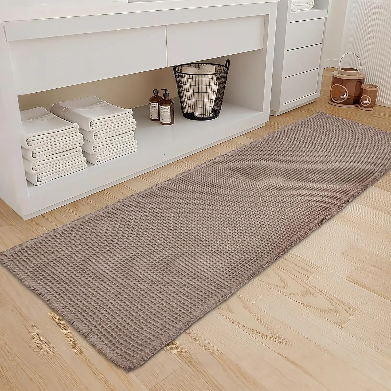 Tan Waffle Bath Mat,Super Absorbent Non Slip Long Bathroom Runner Rug,Brown 24X72inch,Machine Washable Ultra Soft Floor Mats
