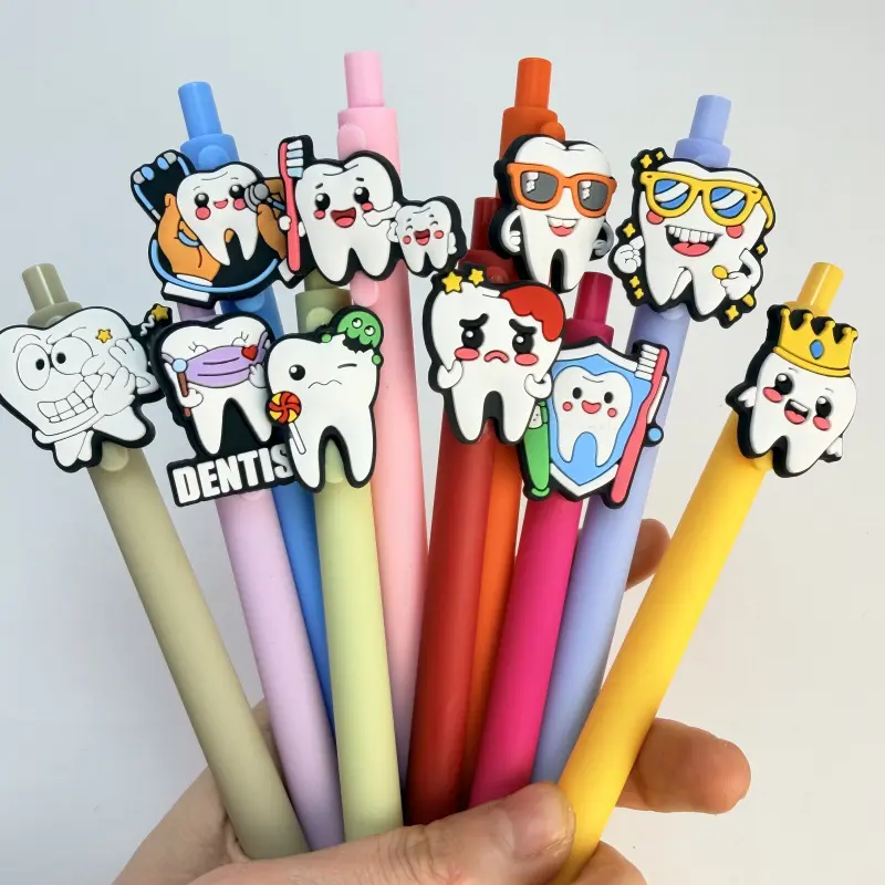 30/50Pcs dental theme cartoon tooth pressing neutral pen, multi-expression silicone patch smooth signature pen, oral health care holiday commemorative gift writing stationery ballpoint pen (15/25 pens + 15/25 refills)