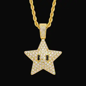 MaxBling81 Iced Star Shape CZ Pendant Hip Hop Necklace - 35x35mm CZ Pendant, 4mm Alloy-Coated Rope Chain (18in,20in,24in), Gold/Silver Unisex Costume Jewelry for Daily Wear