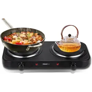 Countertop Double Cast Iron Burner 1800 Watts Electric Hot Plate with Adjustable Temperature 6.1" Cooktop for Dorm Office Home Camp Compatible for All Cookwares