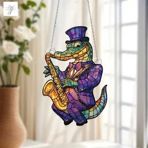 Jazz Alligator Window Hanging , New Orleans Music Decor, Saxophone Player Ornament, Funky Gator Art, Unique Gift for Music Lovers