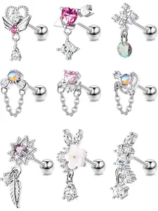 Delicate 9 Pcs Silvery Sweet Flowers Piercing Jewelry Set 16G Dangle Cartilage Stainless Steel Earrings for Women Men Cute Stud Earrings Heart Arrow Feather Snowflake Wing CZ Dangling Cartilage Earrings Tragus Conch Helix Piercing Jewelry Set
