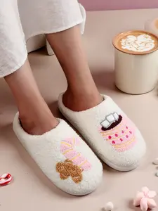 Christmas Plush Slippers, Embroidered Gingerbread Man Cane Cocoa Cup Design, Warm Indoor Outdoor Non-Slip Shoes for Fall Winter