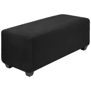 PiccoCasa High Stretch Ottoman Cover, Soft Slipcover Jacquard Fabric Small Checks Rectangle Storage Stool Cover Furniture Covers Large Black