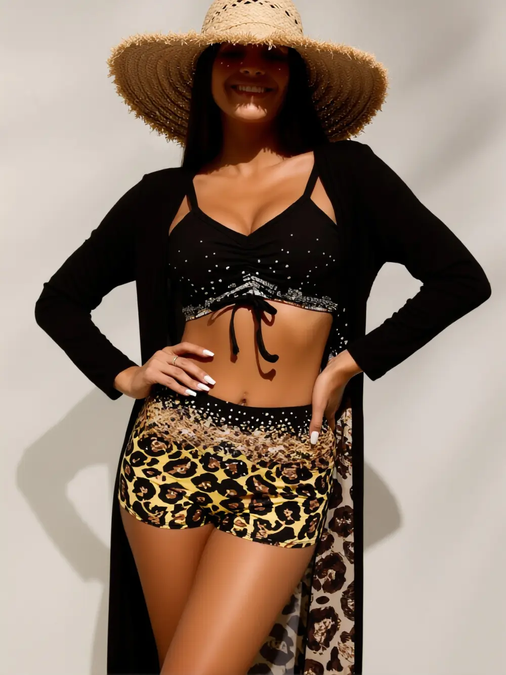 Women's High Waisted Bohemian 3-Piece Tankini Swimsuit with Boyshorts Cover Up, Tummy Control Shaper, Contrast Faux Fur Trim, Breathable Lightweight Polypropylene Fabric, Bold Refined Design, Machine Washable, Cover Ups, Shorts With Coverage