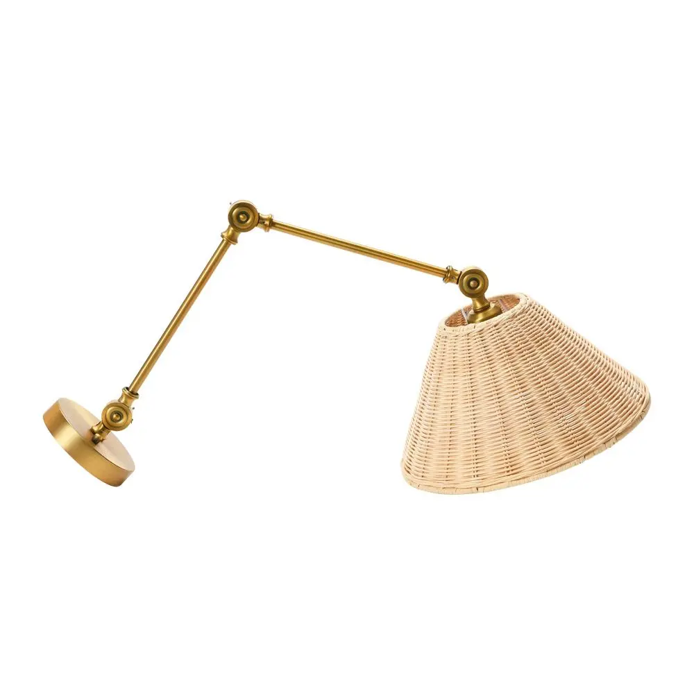 Storied Home Adjustable Wall Sconce with Shade Neutral Beige Rattan/Antique Metal Brass Finish: Wall Mounted ETL Listed