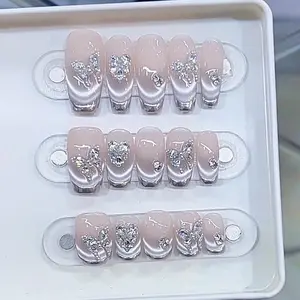 Handmade 10pcs Press On Nails Set French Tip Zircon Diamond Butterfly, Includes Jelly Glue Tool Kit