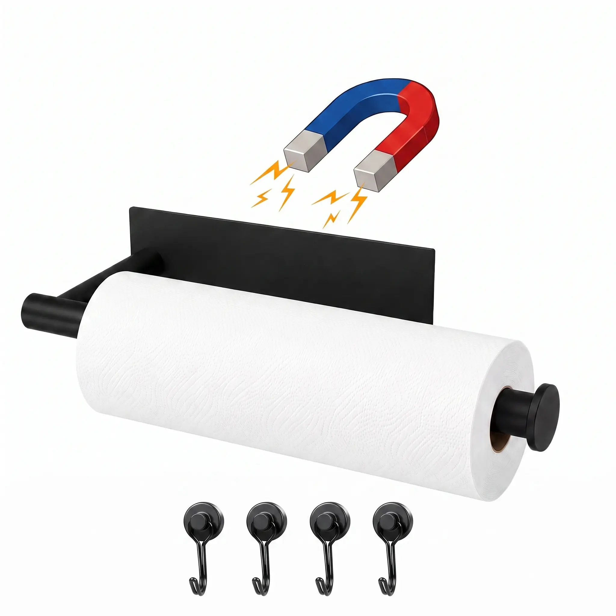 Modern Magnetic Roll Hold - Lightweight Carbon Steel Metal Fridge Paper Towel Holder with 4 Black Hooks, Removable Organizer That Moves With You, No-Drill Wall Mount for Refrigerator, Washing Machine (1-Pack or 2-Pack)