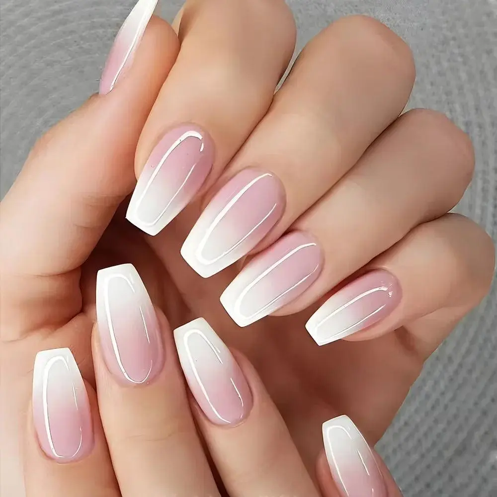 Glossy Finish Short Ballerina Press-On Nails, 4-Piece Pink Gradient Nail Art Decorations for Beauty & Personal Care