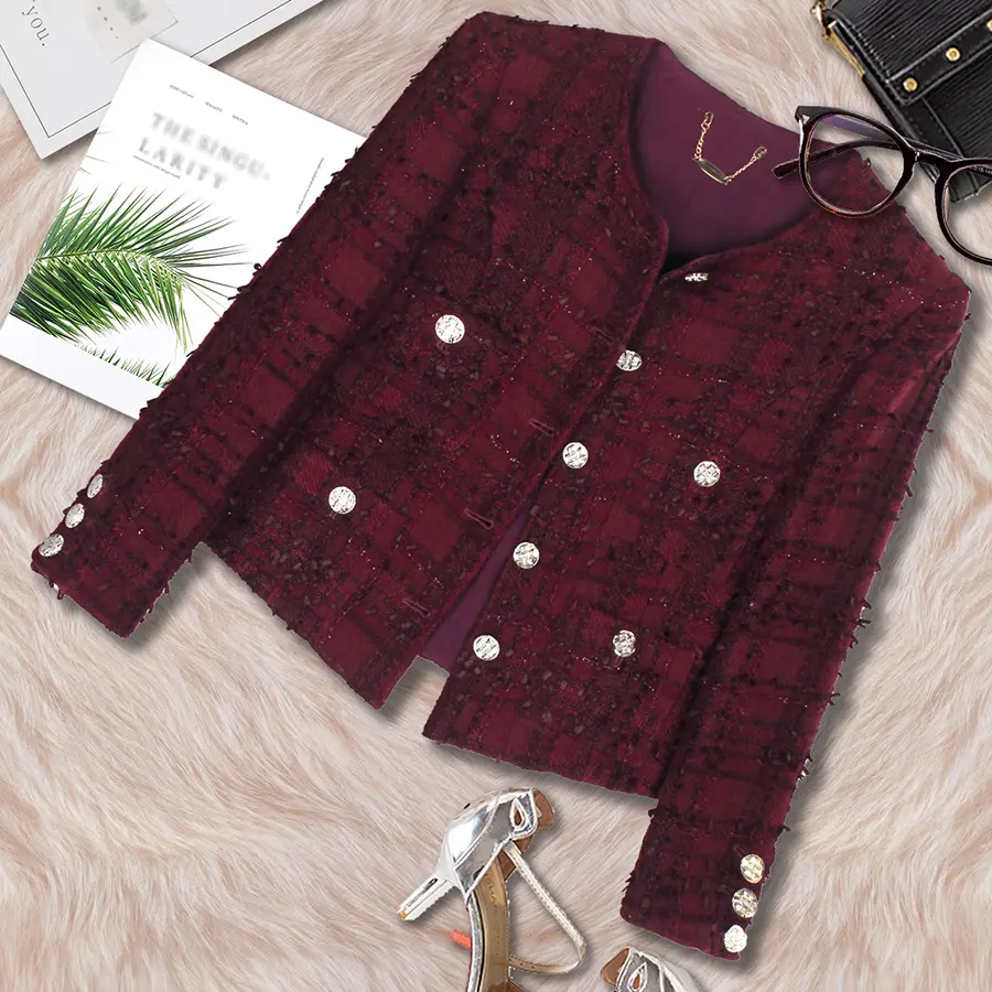 Women's Plaid Wool Tweed Jacket in a Fitted, Elegant Cut - Dark Red Button Front Design with Round Neck and Rhinestone Buttons for an Elevated Style, Coats, Fitted Cut