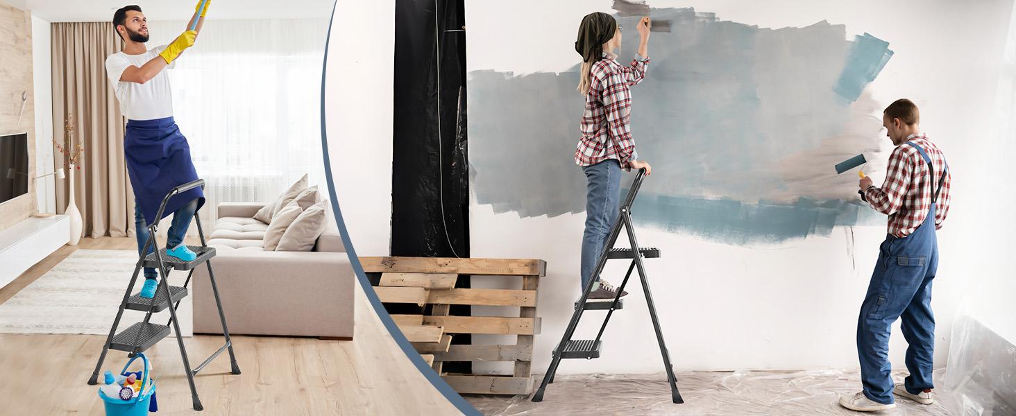 3 Step Ladder, Folding Step Stool with Wide Anti-Slip Pedal, 800lbs Sturdy Portable Ladder, Cushioned Handle, Lightweight Step Stool for Home Kitchen and Outdoor