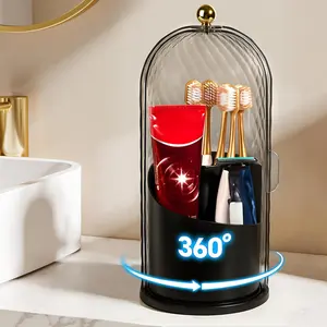 3 Slots Toothbrush Holder with Lid, Rotating Concealed Toothbrush Holder for Bathroom Countertop, Toothpaste & Makeup Brush Holder with Cover, Black