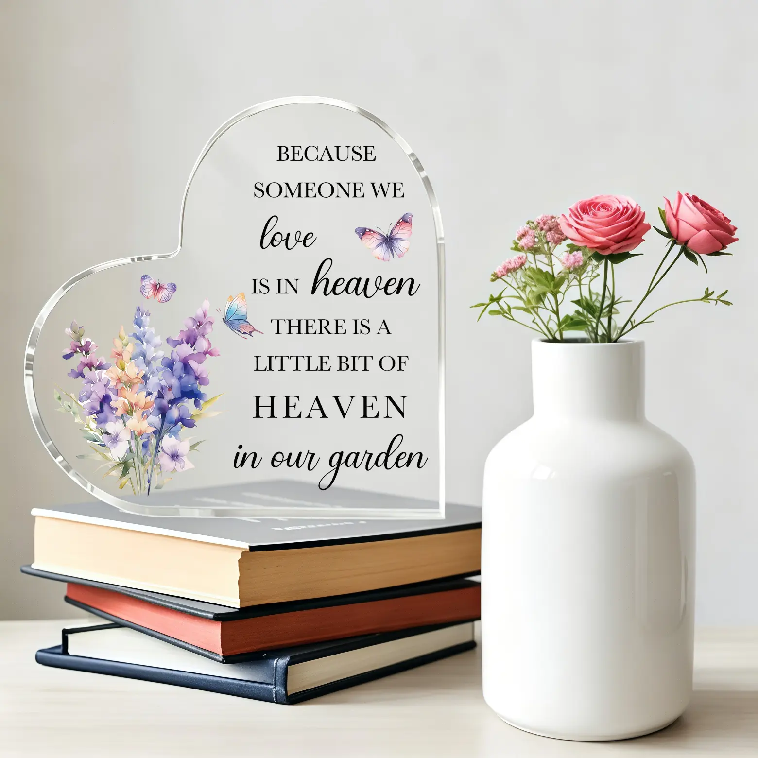 2D Heart-Shaped Flat Acrylic Tabletop Plaque - Lavender Butterfly Print Memorial Desk Sign, Inspirational Sympathy Gift for Grieving Individuals, Home Decor (Christmas, Thanksgiving)