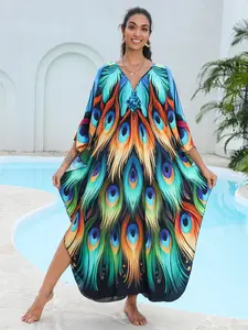 Women's Boho Kaftan Beach Cover-Up, Handmade Peacock Feather Print, Loose-Fit Tie Dye, Sun Protection Swimsuit Cover Up Bikini Outerwear, All Seasons Beach Coverups