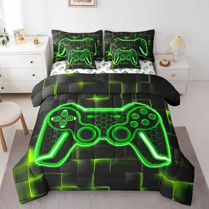 Feelyou 7-Piece Queen Gamer Bedding Set - Breathable Green and Black Ombre Geometric Square Design, Comforter, Fitted Sheet, Duvet Cover for Boys' Gaming Room Decor, Duvet Covers Included