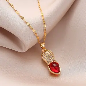 Gold Peanut Necklace Red Stone Pendant Lucky Charm Dainty Minimalist Jewelry Gift for Women Girls