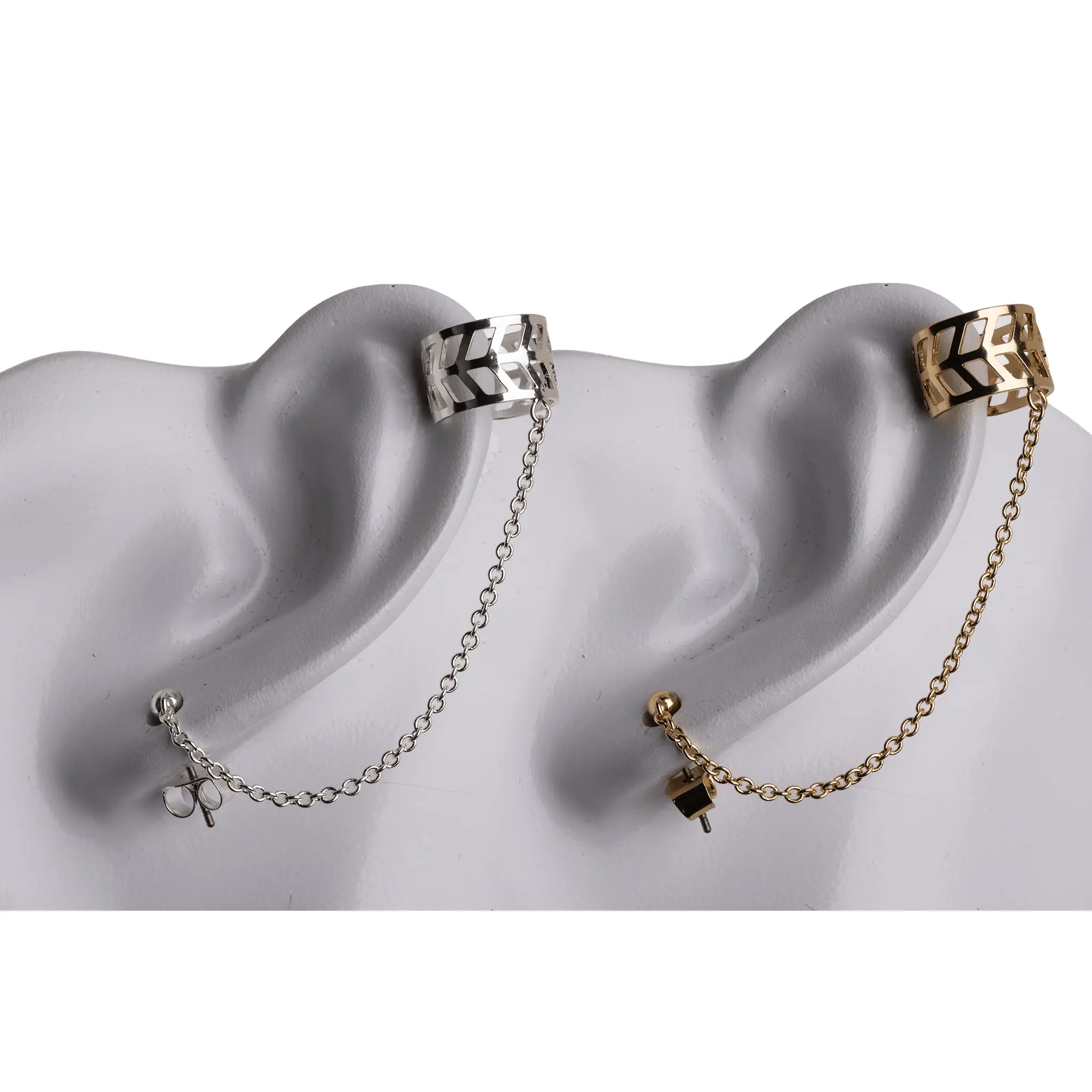 Earring Cuff with Chain, Post, and Earnut - Silver and Gold Finishes - Electro-Plated - Sold by the Piece - KE-33