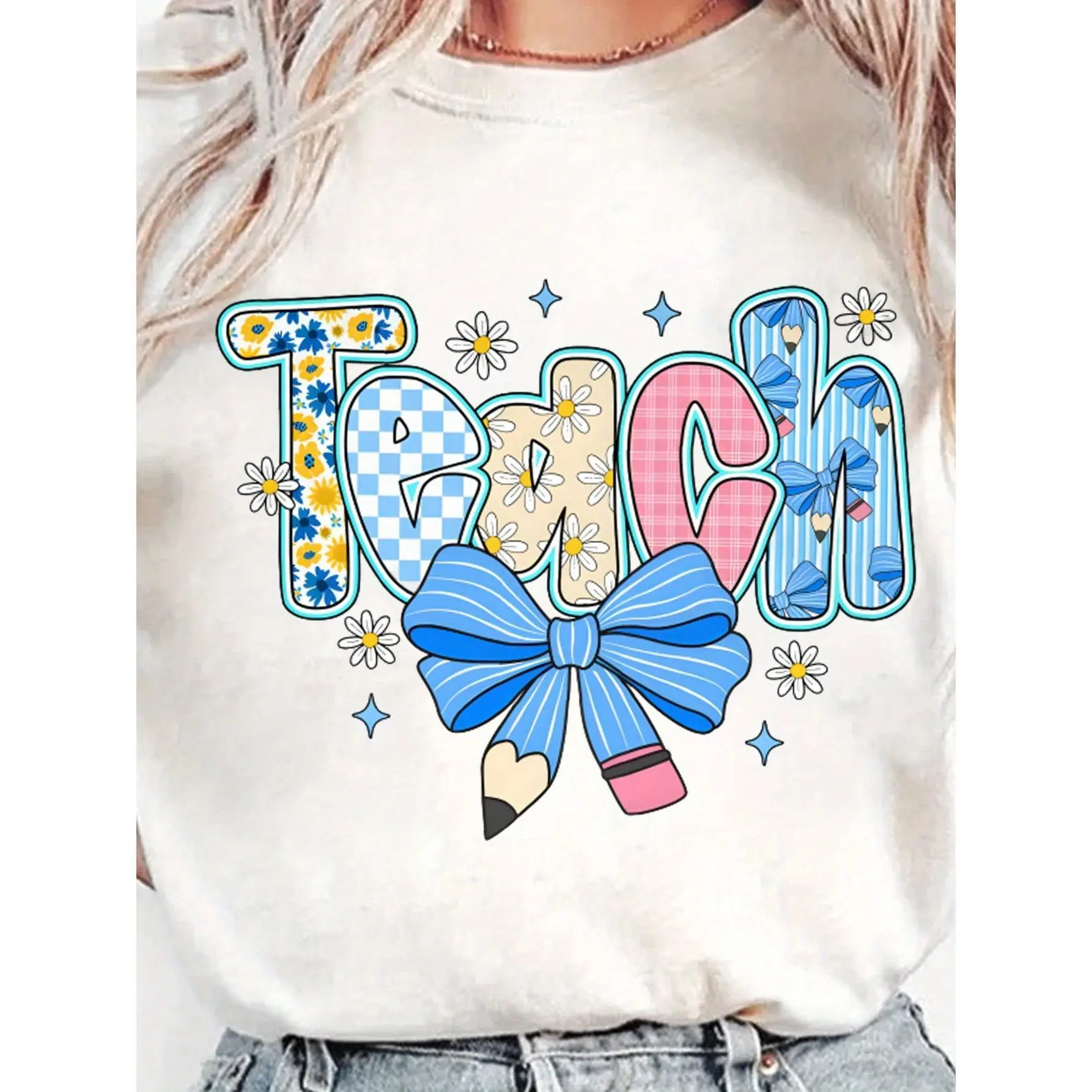 Preppy Teacher Floral Coquette Shirts Teach Blue Floral Tee Preppy Teacher Tops Pencil Bow Teacher Checkered T Shirts