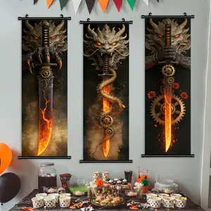 3 count hanging banner, fire blade dragon Shou demon sword triple Artistic decorative poster, samurai sword pattern, cool poster game room living room decoration, family poster, Modern home decor, suitable for corridor and wall decoration, birthday gift