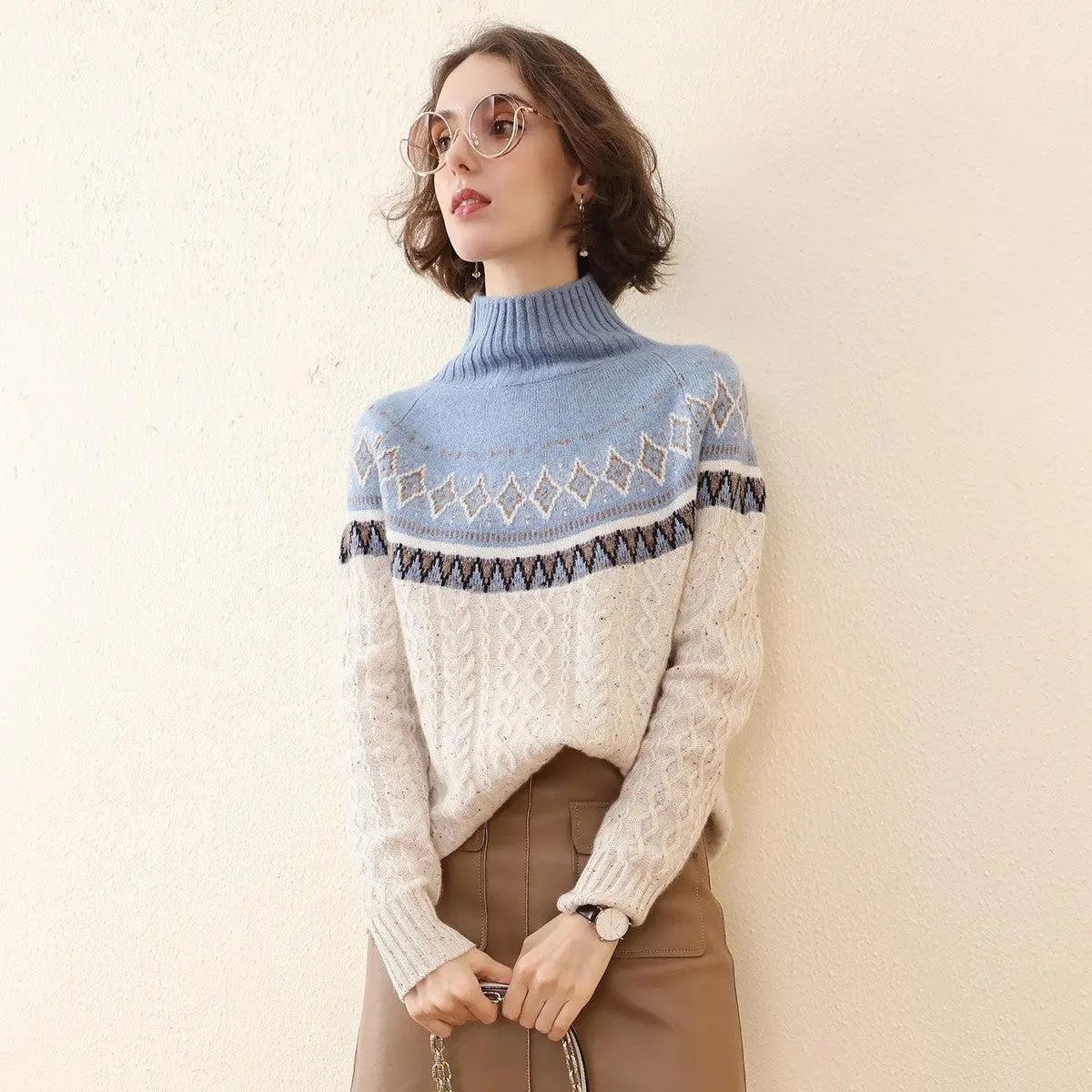 COMOBOCA Women's 100% Cashmere Fair Isle Sweater, Longsleeve Mock Neck Pullover with Cable Knitting, Longsleeves, Knitwear, Clothes, Fashion, Casual, Tops, Fitted, Cable-Knit, Elegant, High Neck, Dry Clean, Long Sleeve, Hand Wash Only