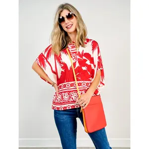 Mixed Tropical Print Top with Dolman Sleeves