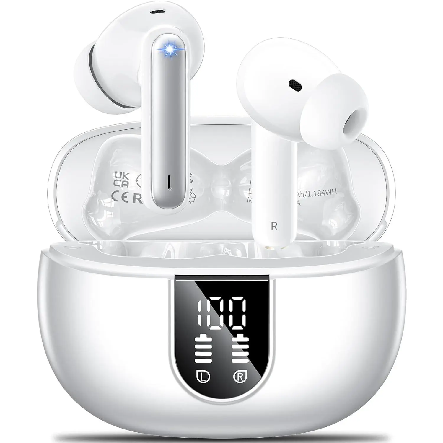 Wireless Earbuds, 2024 Wireless Headphones HiFi Stereo Earphones with 4 ENC Noise Canceling Mic, 42Hs Playtime In Ear Earbud, Bluetooth 5.3 Sport Earphones with LED Power Display for Android iOS White