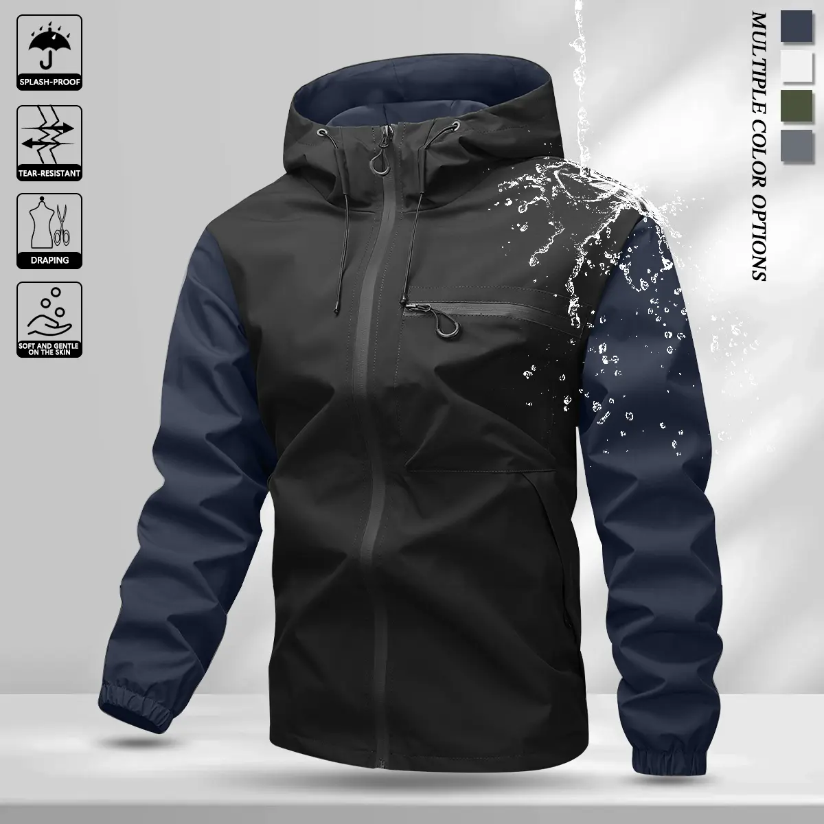 Men's hooded drawstring softshell windbreaker jacket, outdoor sports casual jacket, front large pocket, zipper side pockets, patchwork design, suitable for daily wear, versatile and popular, suitable for all seasons Protective Armour