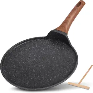 11 Inch Crepe Pan with Spreader, Nonstick Ceramic Flat Skillet Dosa Tawa Comales Para Tortillas Pancake Pan, PTFE & PFOA Free, Black
