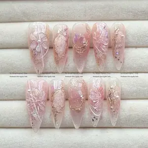 Romantic Fairy Press-On Nails, Handmade 3D Nail Art with Pearls, Crystals Dreamy Details, gold foil accents ethereal design, MO785