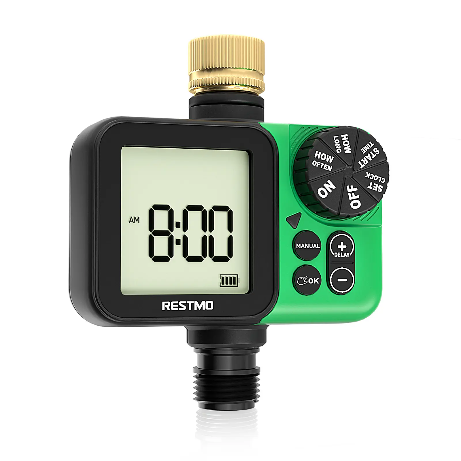 RESTMO LCD Oversized Programmable Outdoor Faucet Water Timer - Automated Irrigation Watering Equipment, High-Temp Resistant, Solid Brass Metal Inlet, Max 11h59m Leak-Proof, 1h-7 Days Intervals, Auto-Manual-Rain Delay Modes for Lawns, Flower Beds