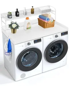 Wood Washer Dryer Countertop Topper With 2-Tier Shelf And Edge Rails, Universal Fit For Most Front-Loading Machines, Laundry Countertop Storage And Organization Solution, 54" Width By 27" Depth, White Finish