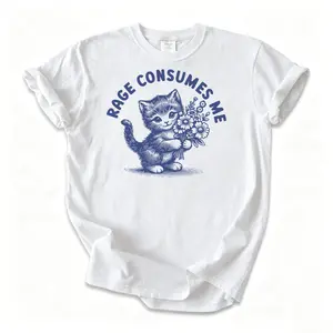 Women's Vintage "Rage Consumes Me" Graphic Shortleeve Tee - Ribbed Round Neck Cotton Fit Tshirt, Retro Casual Unisex Streetwear Gift, Style 011909