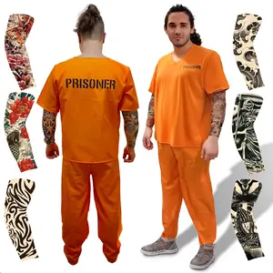 Orange Prisoner Costume with 6 Outlaw Sleeve Tattoos for Men - Size Medium - Adults