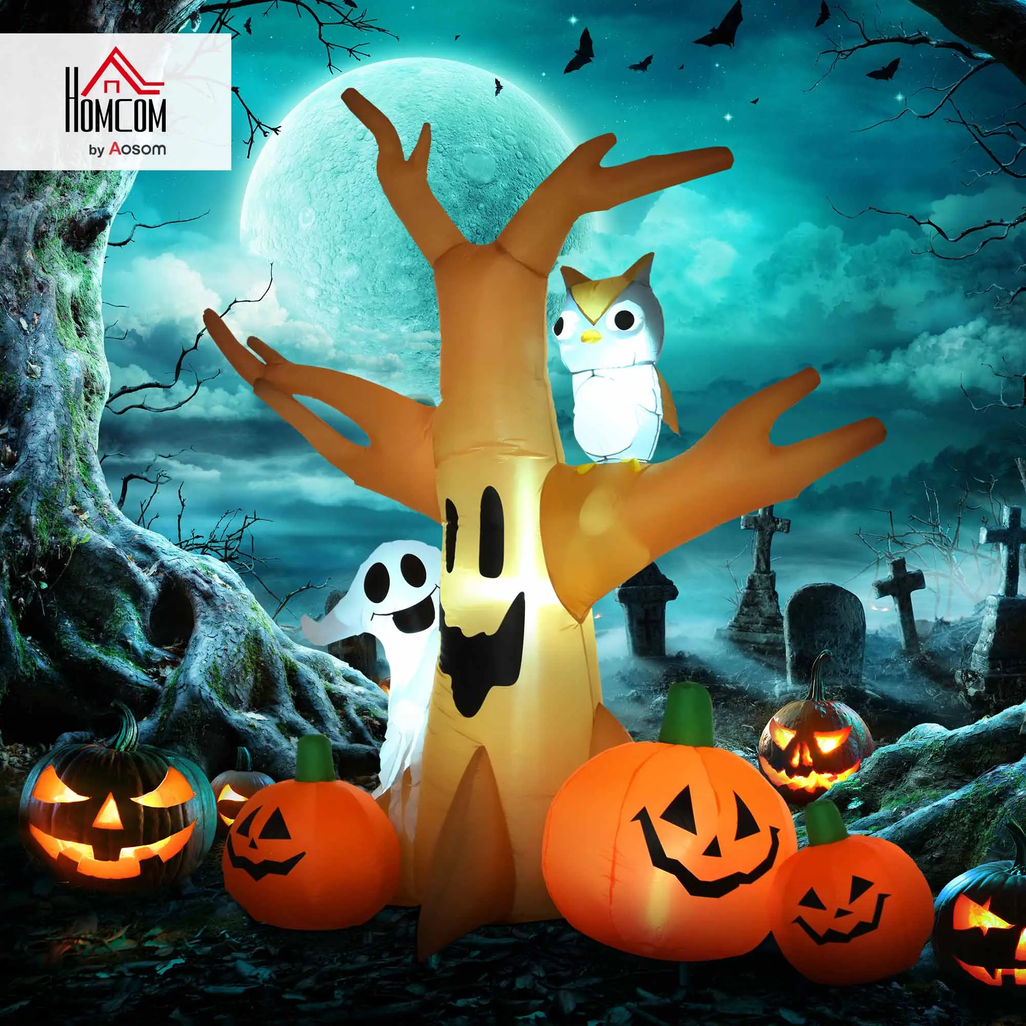 HOMCOM 7.5ft Tall Scary Lighted Halloween Inflatable Outdoor Tree w/ Owl, Ghost, Pumpkins, Party Lights, Motor, Ornaments, Waterproof LED Yard Decor for Garden, Lawn, Holiday