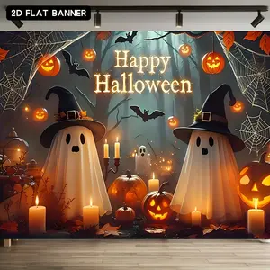 Halloween Glow Backdrop - Cute Ghost & Pumpkin Design Polyester Photo Booth Scene, Reusable Gothic Wall Decor for Party & Home Aesthetic