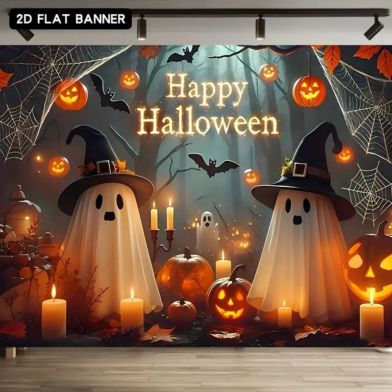 Glowing Ghost-Pumpkin Flat Banner - Polyester Reusable Gothic Backdrop with Polka Dot & Geometric Details for Party Events, Home Aesthetic Decoration