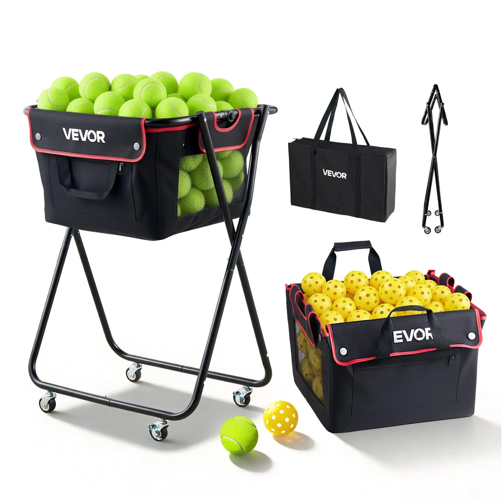 【SummerFinds】VEVOR Tennis Ball Hopper, Holds 175 Tennis Balls or 290 Pickleballs, Foldable Pickleball Basket Cart with Wheels for Easy Pick Up, Portable Baseball Cart Caddy with Storage Bag, for Training Coaching