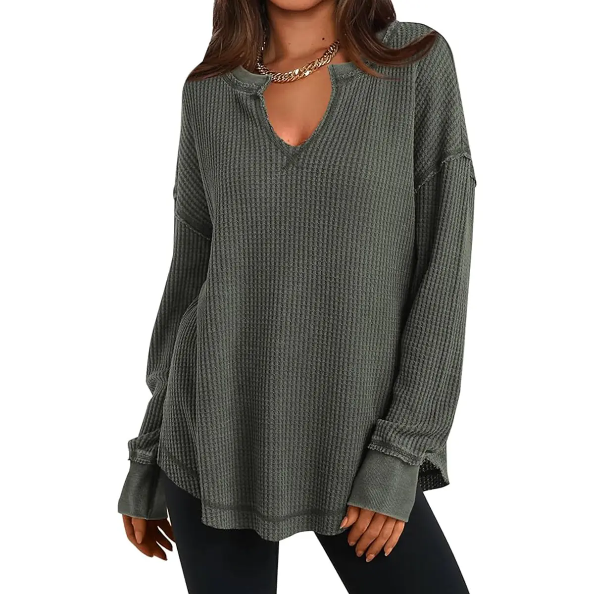 PRETTYGARDEN Grey Green Waffle Knit Long Sleeve V Neck Pullover Drop Shoulder Oversized Fall Top Comfy Womenswear Knitwear Sweater