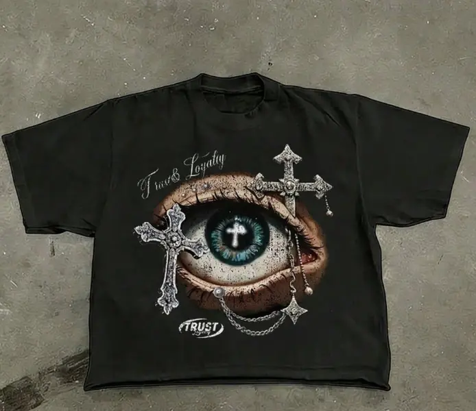 Women's Oversized Unisex Vintage Dark Chicano Trust Loyalty Eye Cross Distressed Graphic T-Shirt - Short-Sleeve Tops, Breathable Pure Cotton, Edgy Underground Street Style, Summer Photoshoot Graphic Clothing, Shortsleeve, Vintage Shirts