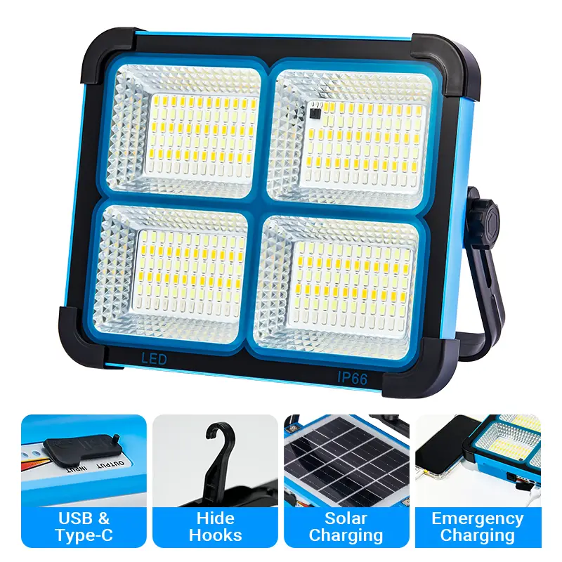 Qawtor Solar Rechargeable LED Work Light - 288 Super Bright 5730 Beads, 5 Multi-Mode Lighting, IP66 Weatherproof Foldable Flashlight, High Power High Lumens, Type-C Charging, USB Power Output, Portable Fishing Camping Accessory, Emergency Use